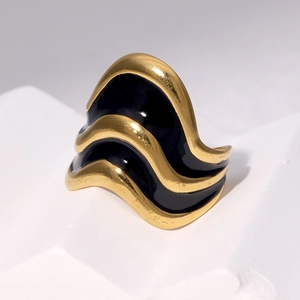 French vintage style 18k gold plated stainless steel wavy ring with black enamel accent