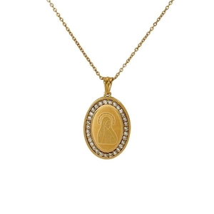 Gold stainless steel oval Virgin Mary pendant necklace with sparkling zircon stone inlay
