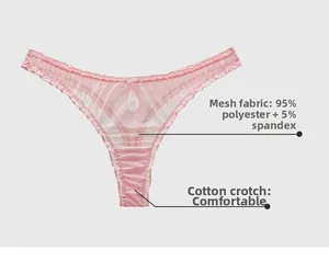 Detailed view of pink mesh thong with bow print and cotton lining for comfort