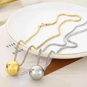 Round Ball Pendant Necklace Stainless Steel Snake Chain Minimalist Polished Jewelry For Women Men Gold Steel Color