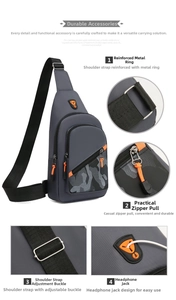 Detail view of grey camo chest bag featuring metal rings, zip pulls and earphone port