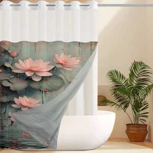 Close-up of waterproof polyester shower curtain with artistic pink lotus floral print