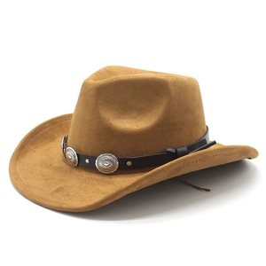 Classic brown suede western cowboy hat with wide brim and vintage metal buckle decor