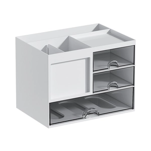White minimalist desk organizer with transparent drawers and multi-compartment storage