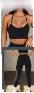 Detail of black seamless yoga set with racerback sports bra and high-waisted leggings
