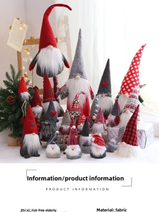 Detail of assorted Christmas gnomes with knit hats and heart patterns in a festive setting