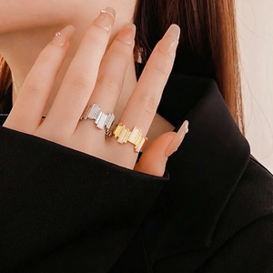 Minimalist geometric open rings with inlaid zircons and square block design in gold and silver