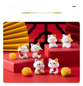 Set of 6 cute lucky cat resin figurines with miniature oranges and festive Chinese decor
