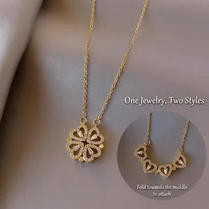 Magnetic Foldable Four Leaf Clover Necklace Two Way Wearable Titanium Steel Gold Plated Zirconia Heart Pendant Women Elegant