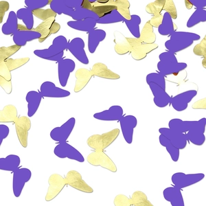 Mix of purple and metallic gold butterfly confetti pieces scattered for party decoration