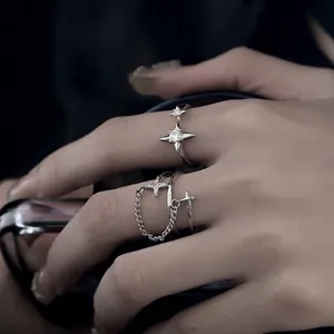 Minimalist silver star moon adjustable rings set with cubic zirconia for women