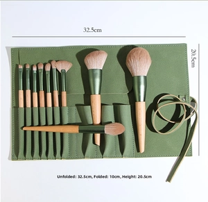 Detailed dimensions of green makeup brush set storage bag in folded and open states