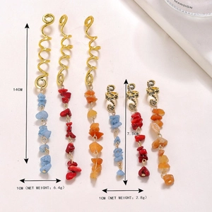 Bohemian gold spiral hair rings with colorful natural stone pendants in two sizes