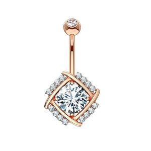 Rose gold stainless steel belly ring with large round white zircon and square halo accents