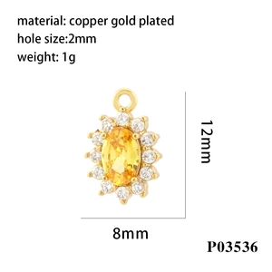 Detail view of 18K gold plated oval yellow zircon pendant with 12mm x 8mm dimensions