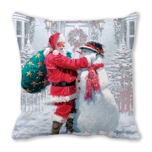 Detailed Christmas pillow cover with Santa and snowman illustration on soft peach skin fabric