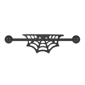 Gothic black spider web industrial barbell earring in stainless steel with ball ends