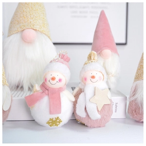 Pink and white Christmas gnomes and snowmen ornaments with soft velvet textures