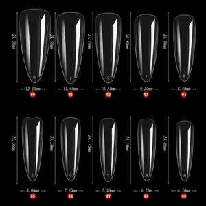 Guía de tallas con medidas para 10 tamaños de uñas postizas stiletto transparentes