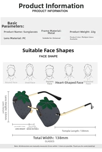 Detailed size chart for strawberry-shaped rimless sunglasses with metal frame dimensions