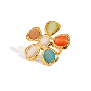 Bague florale en acier titane avec pierres œil-de-chat multicolores montées sur or