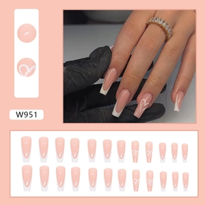 Long ballet white French heart press-on nails set with nude pink base 24 pieces