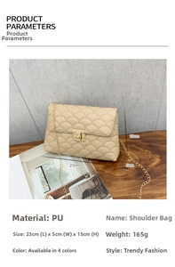 Détails du sac à bandoulière matelassé beige avec dimensions 23x5x15cm et poids 165g