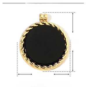 Detailed view of round gold stainless steel pendant showing 17mm by 15mm dimensions