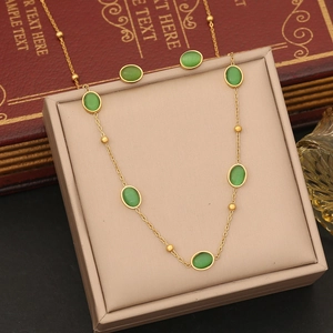 Stainless Steel Emerald Green Stone Necklace Earrings Jewelry Vintage Shell Fan Shape Clavicle Chain For Women Fashion