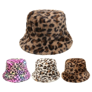 Leopard Print Faux Fur Bucket Hat Winter Warm Plush Round Top Fashion Outdoor Accessories For Women