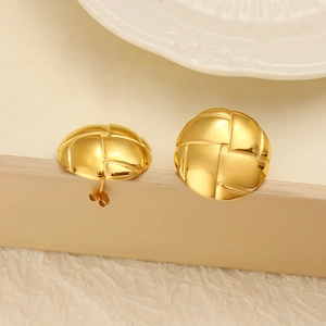 Polished gold woven texture dome earrings for women in a minimalist stainless steel style