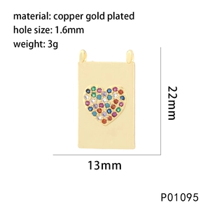 Detail showing copper gold plated rectangular heart pendant with size measurements and specs