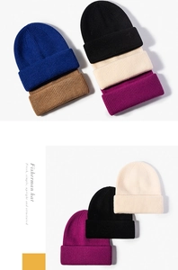 Close-up of ribbed texture and thick double-cuff on assorted winter knit beanies