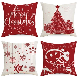 Christmas Pillow Case Linen Decorative Cushion Cover For Sofa Holiday Print Merry Christmas Santa Reindeer Snowflakes Square