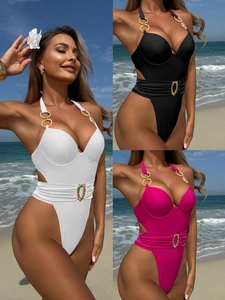 Polyester Women Monokini Swimsuit Halter Deep V Neck High Cut Hollow Out Gold Metal Ring Decor Solid Color Elegant Beachwear
