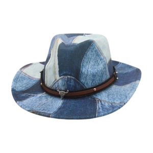 Blue denim patchwork cowboy hat with silver bull head emblem and metal studs
