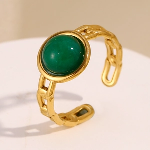 18K gold plated stainless steel open ring with green stone and chain texture band