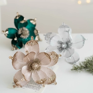 Artificial Magnolia Flower Christmas Tree Decoration Fabric Velvet Sparkling Sequin Petals Holiday Party Wedding Ornament