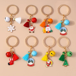 Christmas Elements Metal Keychain With Tassel Bell Santa Claus Snowflake Enamel Pendant Holiday Charm For Bag Car Key Gift