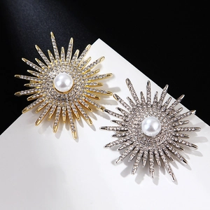 Elegant gold and silver sunflower brooches with sparkling rhinestones and white pearls