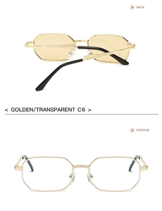 Front and back views of gold polygonal metal frame glasses with transparent lenses