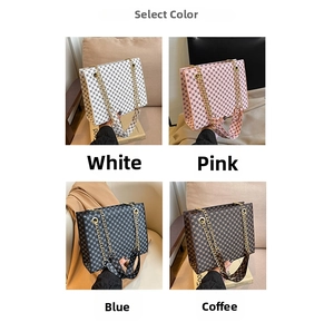 Detailed view of checkered crossbody bags in four colors with chain and wide straps