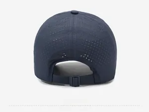 Rear view of dark blue quick-dry baseball cap with laser-cut ventilation holes and buckle