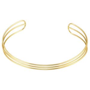 Detailed view of layered golden metallic lines on a hollow geometric open collar necklace