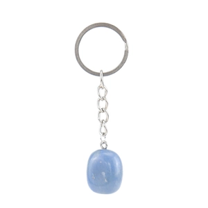 Detail showing polished blue natural stone pendant with metal chain keychain accessory