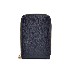 Black pebble leather RFID credit card wallet for women with golden ring zipper closure