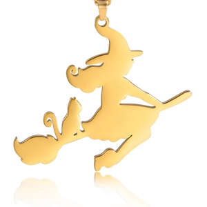 Gold stainless steel witch on broomstick with cat silhouette pendant on white background