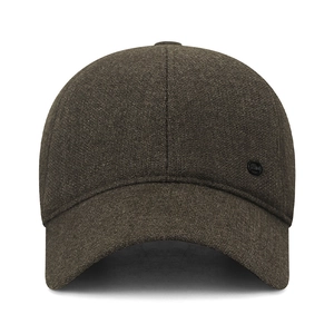 Winter men's dark brown thermal baseball cap with ear flaps in textured wool blend