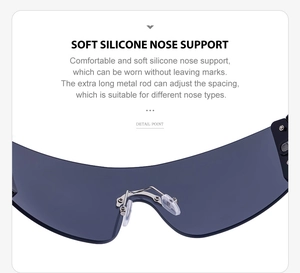 Detail of soft silicone nose pads and adjustable metal bar on Y2K rimless sunglasses