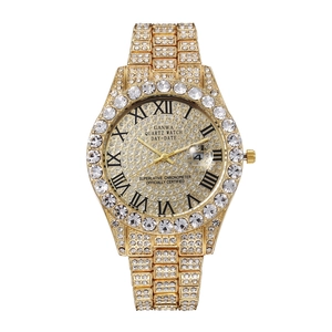 Luxurious gold iced-out quartz watch for men with full rhinestones and calendar display